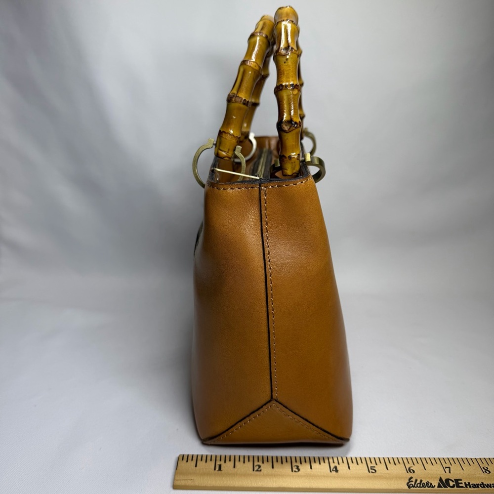 Patricia Nash Leather Satchel Bamboo Top Double Handles Firm Cognac Brown SEE - Picture 3 of 16